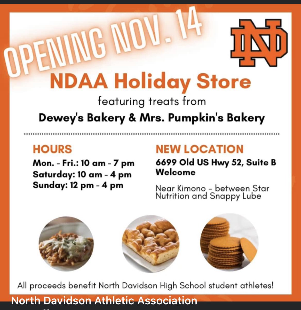 ‼️‼️ NEW LOCATION ‼️‼️

We’re excited to announce that the NDAA Holiday Store will open at 10 am on Monday, November 14th. Our new location is near Kimono restaurant, between Star Nutrition and Snappy Lube! 
Thank you for your continued support of NDHS student athletes!