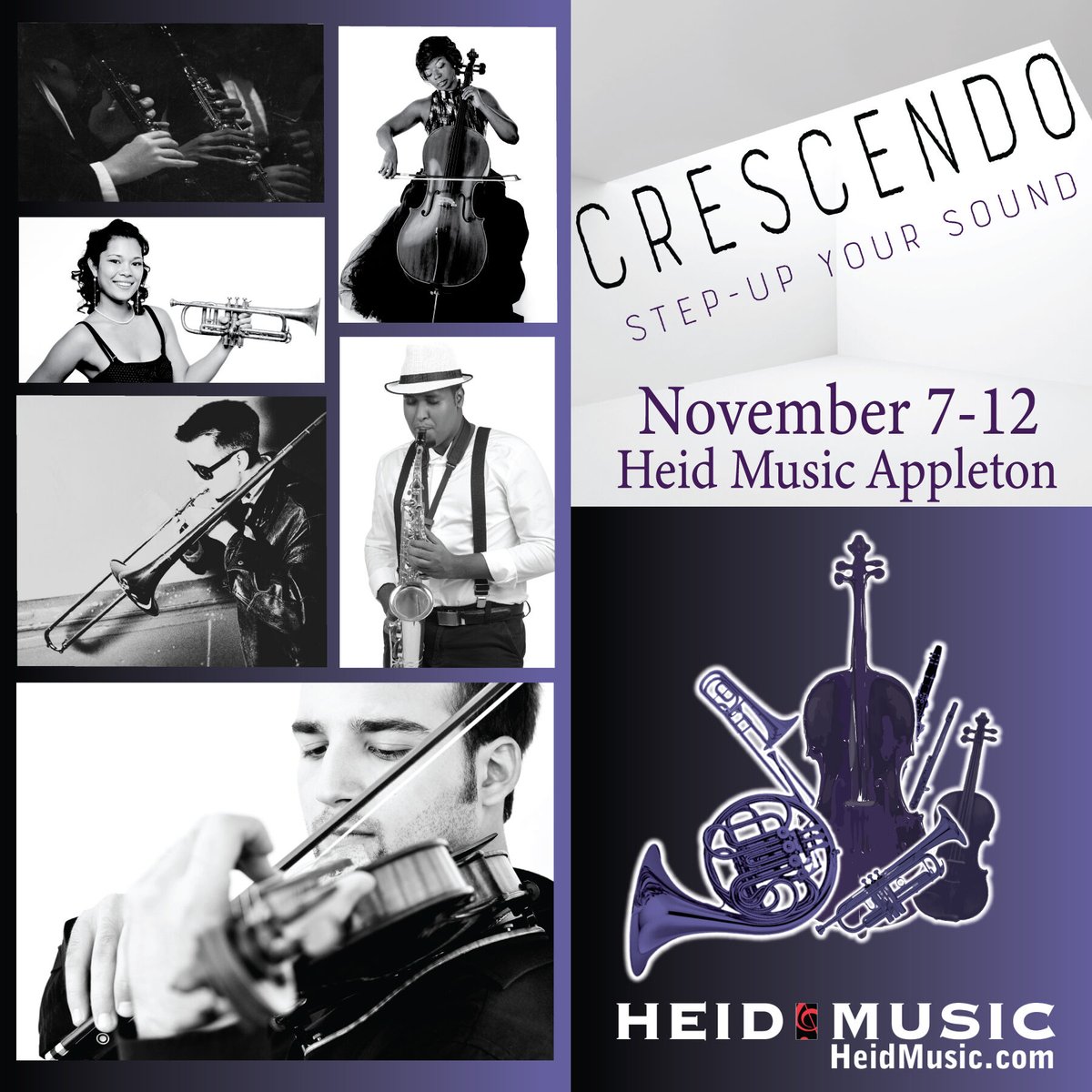 Join us at Heid Music Appleton 11/7 - 11/12 as our vendor partners unite along with instruments &amp; accessories will be on-site to help you explore your musical potential. For the full schedule, all the deals and so much more, visit: heidmusic.com/crescendo/