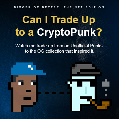 secondrealm's tweet photo. This nerve-racking b/c bartering is not a strength, but lets see how this goes.😬
I want to see if I can trade up to a CryptoPunks. The idea is to trade up until i reach my goal.
I have @UnofficialPunks #89, do you have something bigger or better you'd trade for it? DM me. https://t.co/5pDLyydiVa