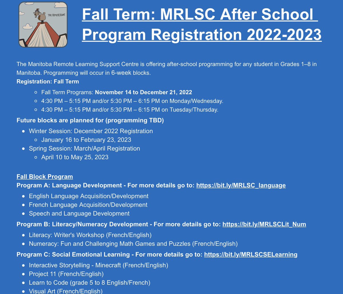 The MB Remote Learning Support Centre - After School Programming is now accepting registrations for the fall program. Go to bit.ly/MRLSCAfterscho… for more info & for registration information. Please share with families who have kids in grades 1-8 in Manitoba. #mbremotelearning