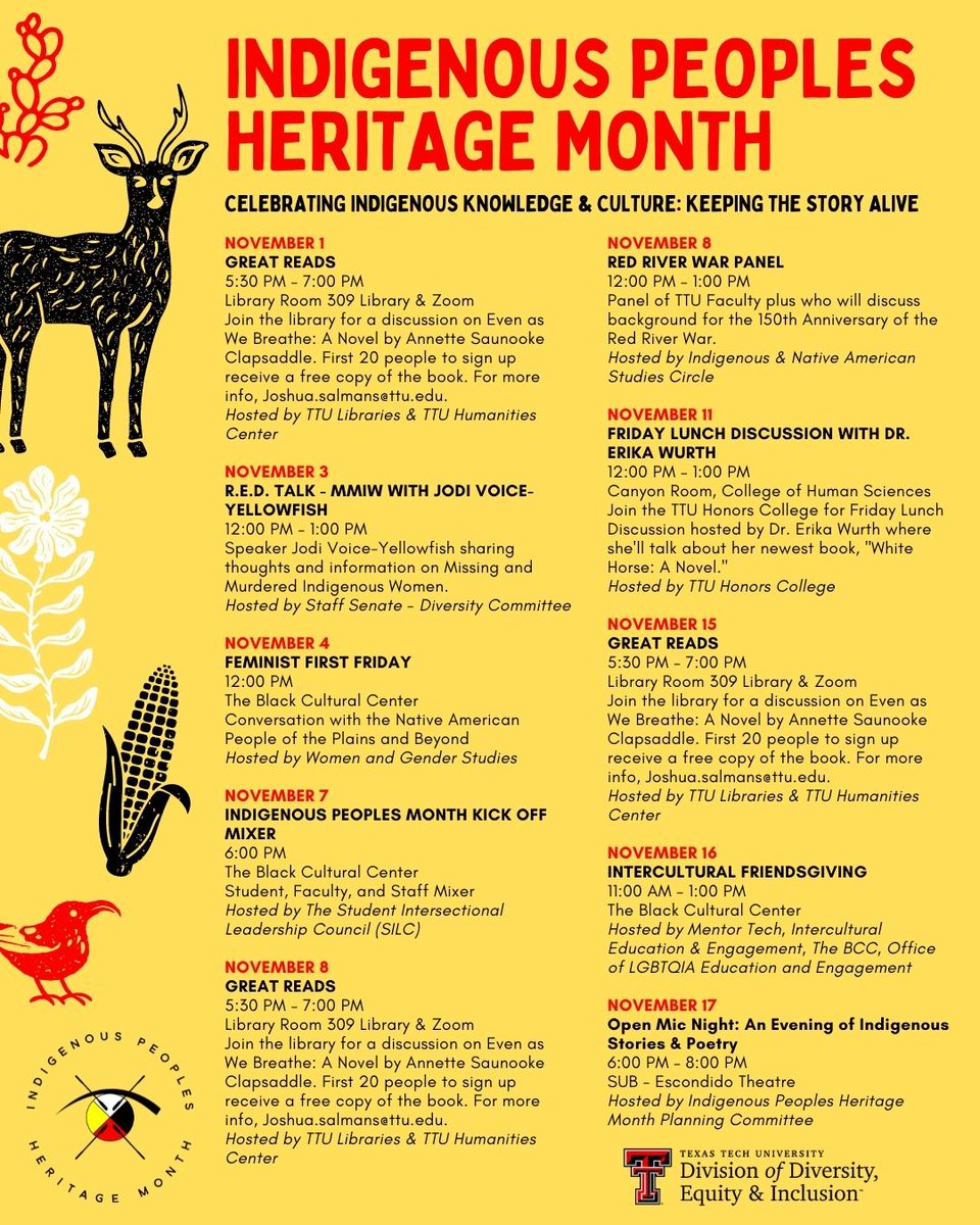 Learn more about the events during Indigenous Peoples Heritage month at depts.ttu.edu/diversity/indi….
