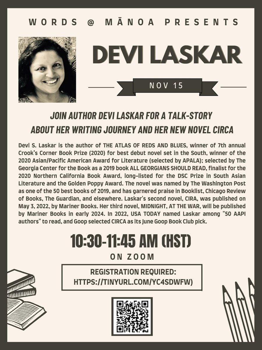 UH Mānoa Creative Writing (@uhmcreatwrit) on Twitter photo In one week, please join us online as we welcome <a href="/devislaskar/">devi s. laskar</a>! This talk-story takes place November 15 on Zoom at 10:30 a.m. HST - register at tinyurl.com/yc4sdwfw. See you there! In one week, please join us online as we welcome <a href="/devislaskar/">devi s. laskar</a>! This talk-story takes place November 15 on Zoom at 10:30 a.m. HST - register at tinyurl.com/yc4sdwfw. See you there!