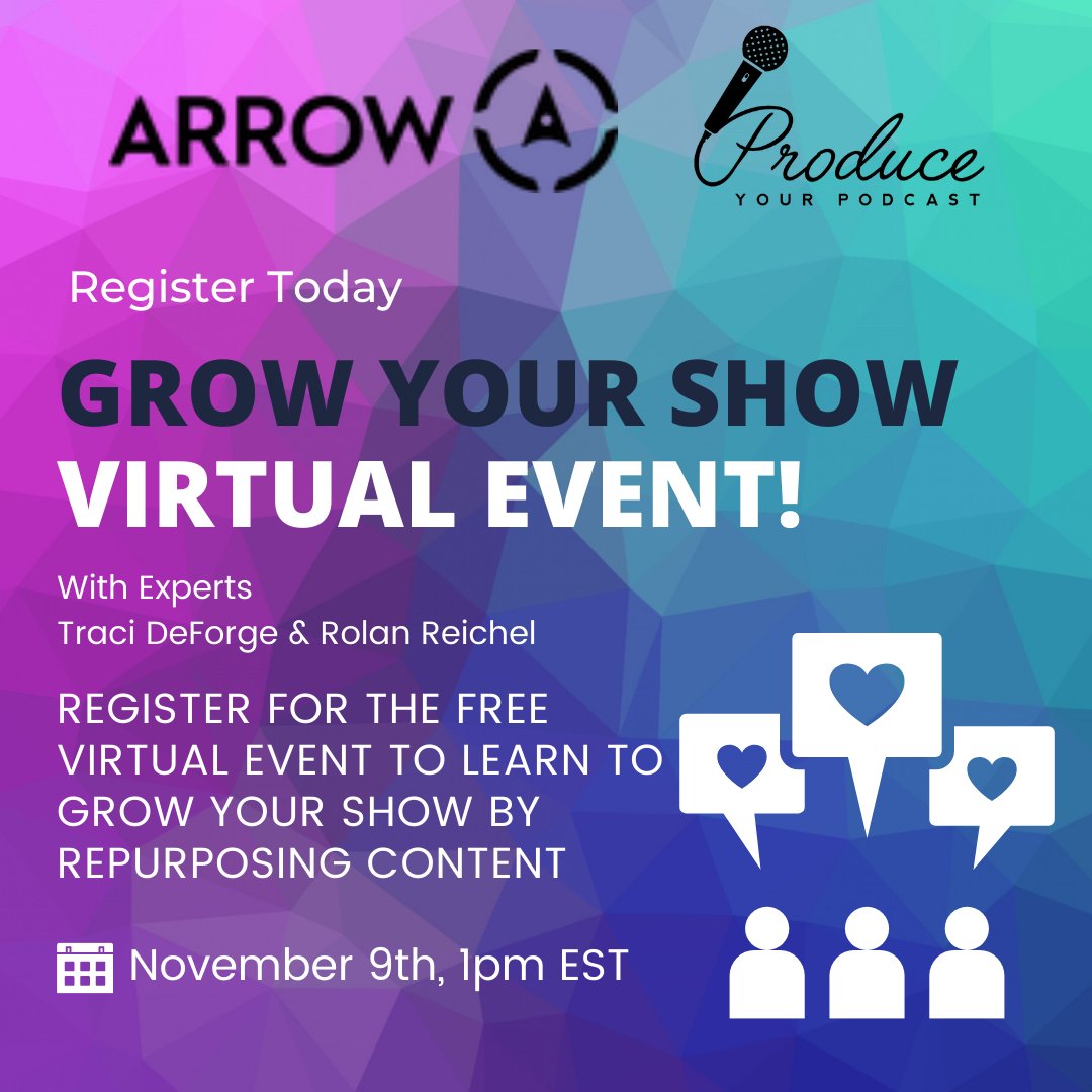 getarrowai's tweet photo. Join us for a FREE LIVE virtual event to learn how to grow your business using social media content and podcasts!   Growth marketing  with 2 industry leaders, Rolan Reichel and Traci De La Forge! 
Sign up today and click here to register for FREE: https://t.co/pLqxuuHyah https://t.co/pAkjYCi5qM