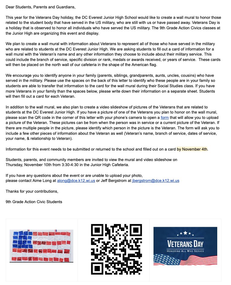 ms_long08's tweet image. I’m excited to share an event that Action Civics students have planned this year to honor and recognize Veterans Day this year. They have come up with the idea and planned the event. I cannot wait to see how things turn out.