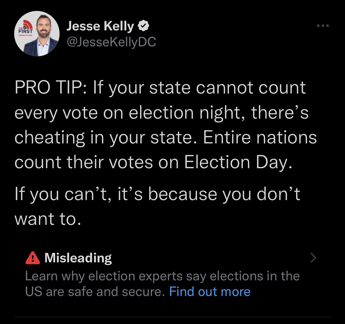 liz_churchill10's tweet photo. Why is Joe Biden allowed to say, “In some cases we won't know the winner of the election for a few days, until after a few days after the election..” and @JesseKellyDC is not? https://t.co/LsCMis6lcK