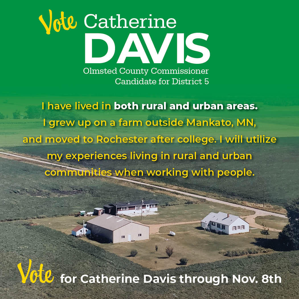 davisforolmsted's tweet photo. I grew up outside of Mankato, MN on my Grandparent's farm.  After attending college, I moved to Rochester where my husband and I raised our children, worked, and volunteered. https://t.co/NmjhihJLBc