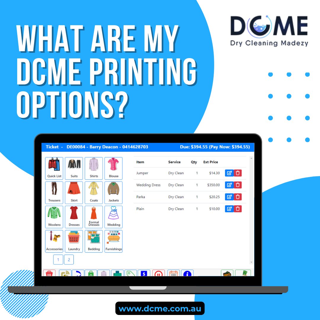 dcmesoftware's tweet image. Here are DCME point-of-sale printing Printing options:

1. Print, Email, or SMS the customer’s incoming ticket
2. Use a single set or multiple printers within a shop

Click &quot;ALT&quot; to read more.

#drycleaning #drycleaners #Australia #drycleaningpos #pointofsale #laundry #alteration