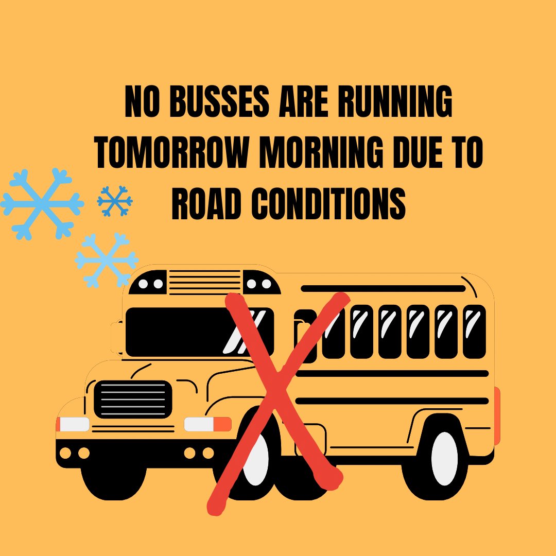 AmiskSchool's tweet photo. Due to poor road conditions, buses are cancelled for tomorrow a.m. If your child will be staying home, please email or call the school, or let your child’s teacher know. We want to be sure that everyone is safe &amp; accounted for. Please stay safe &amp; warm! #amiskschool #btpstogether https://t.co/ZW6aRoPnGF