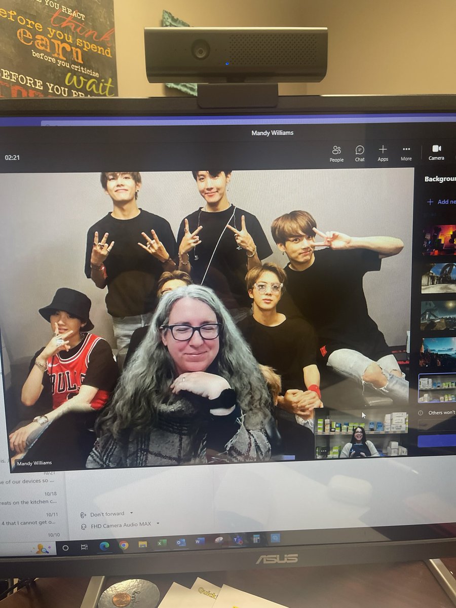 ohmandy's tweet photo. My boss took this picture of her screen when we were testing out new webcams. Realized we could change the background to any pic and remembered I'd had this one on my computer for a desktop pic a couple of years ago. I miss them. 😢 💜 #BTSARMY https://t.co/OFp13IfbZn