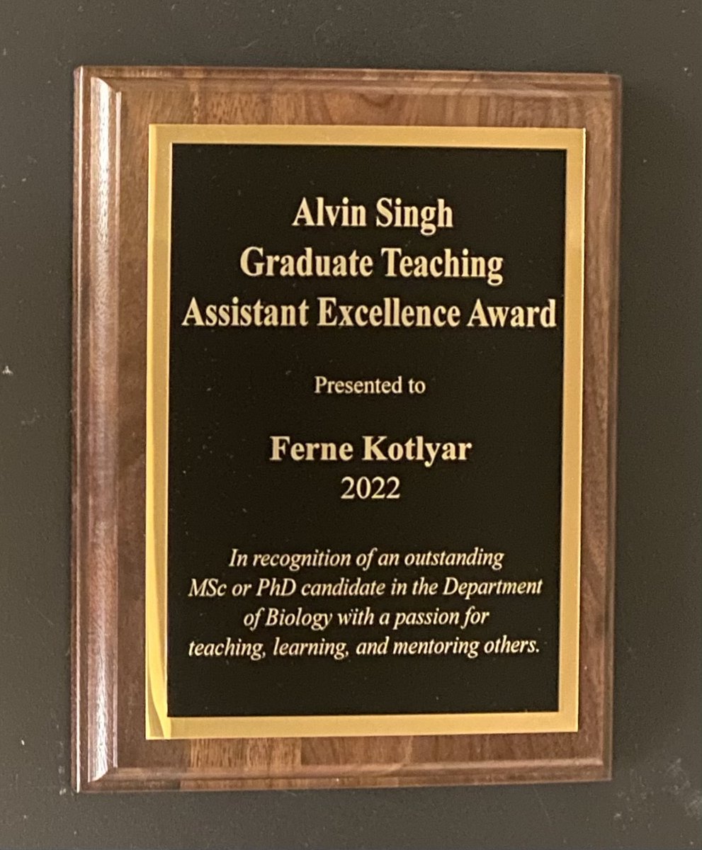Ferne Kotlyar (@fernekotlyar) on Twitter photo I am incredibly honoured to have been chosen to receive the Alvin Singh Graduate Teaching Assistant Excellence Award. Although I never had the pleasure to meet Alvin, I will do everything in my power to uphold his legacy of awe-inspiring teaching and mentoring.
<a href="/UTM/">U of T Mississauga</a> <a href="/UTMBiology/">UTM Biology</a> I am incredibly honoured to have been chosen to receive the Alvin Singh Graduate Teaching Assistant Excellence Award. Although I never had the pleasure to meet Alvin, I will do everything in my power to uphold his legacy of awe-inspiring teaching and mentoring.
<a href="/UTM/">U of T Mississauga</a> <a href="/UTMBiology/">UTM Biology</a>