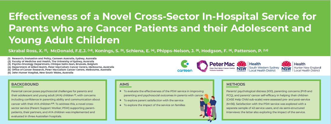 Canteen Australia (@canteenaus) on Twitter photo Our poster at #COSA2022 (presented by <a href="/RossSkrabal/">Dr. Xiomara Skrabal Ross</a>) evaluating the hospital-based parent support worker 🏥. Parents experiencing high/very high distress dropped by more than half 💚
👉 from 56% pre-service
👉 to 25% post-service
<a href="/PPattersonPhD/">Pandora Patterson</a> <a href="/Mc_Fin/">Fiona McDonald</a> Our poster at #COSA2022 (presented by <a href="/RossSkrabal/">Dr. Xiomara Skrabal Ross</a>) evaluating the hospital-based parent support worker 🏥. Parents experiencing high/very high distress dropped by more than half 💚
👉 from 56% pre-service
👉 to 25% post-service
<a href="/PPattersonPhD/">Pandora Patterson</a> <a href="/Mc_Fin/">Fiona McDonald</a>