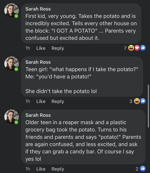 BlisterPearl's tweet photo. Sarah Ross, on Facebook, handed out full-size candy bars.  She also put a potato in the bowl.  🥔 https://t.co/A5szcLvWmd