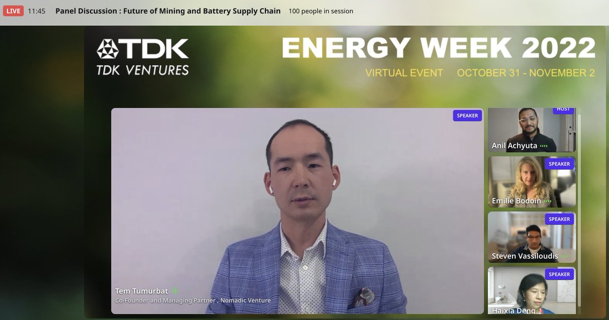 Wrapping up the biggest #Energy-driven event of the year with an interactive Panel Discussion: Future of #Mining and #Battery Supply Chain featuring Emilie Bodoin, Haixia Deng, Steven Vassiloudis, Tem Tumurbat! Join us live: tdk-ventures-energy-week2022.com