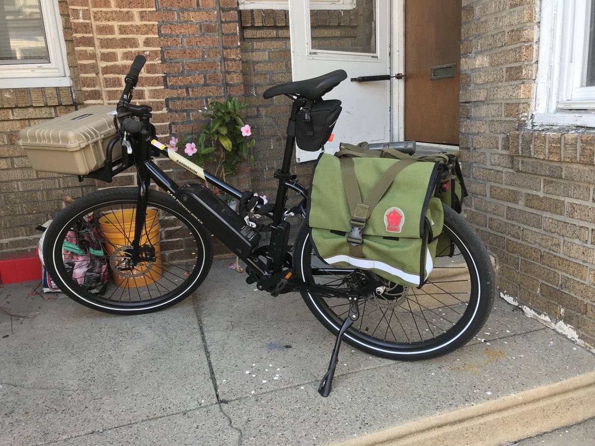 EMule2020's tweet photo. eMULE is pending help with a grinder-facer for a custom-welded aluminum head tube / headset bearing cups. Anyone got access to one? I'll pay money! (also money for aluminum welding and tube and pipe bending). 

Meanwhile, replacement for stolen orange trek mid-drive, hitched! https://t.co/LesAIZDgz5