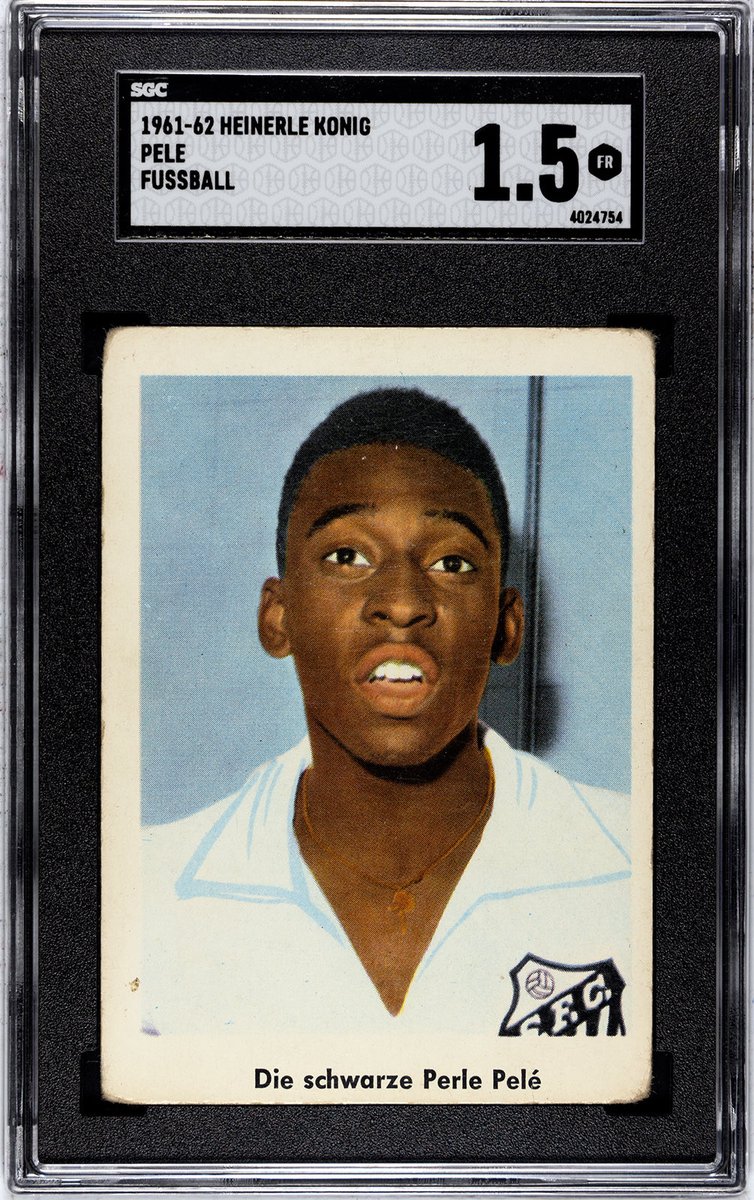 Non_Cards's tweet photo. Todays PC post is another Pelé 👀

“Die schwarze Perle Pelé”,
From the Heinerle König Fussball Set from 1961/62 graded by @sgcgrading 1,5 

Love the card with the image as it has him in a Santos jersey.. most Pelé cards I see or have have him in the Brazilian kit

#non #thehobby https://t.co/ZphpG3hiRN