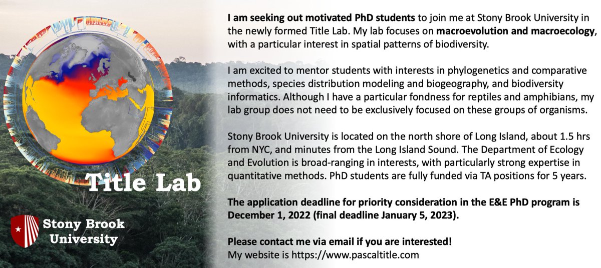 Interested in a PhD in Ecology &amp; Evolution? Come join me at Stony Brook University!
Application instructions: tinyurl.com/87y6yyvr 
My website: pascaltitle.com