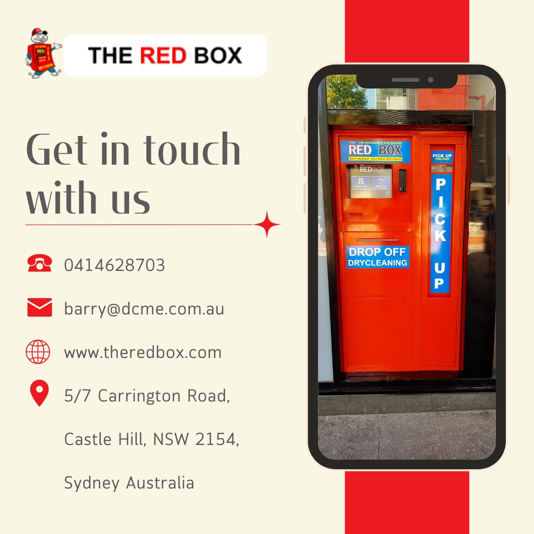TheRedBox8's tweet image. Please contact 𝗕𝗮𝗿𝗿𝘆 𝗗𝗲𝗮𝗰𝗼𝗻 if you are interested in obtaining one of our Red Boxes or would like an online demonstration. You may reach him by email at barry@dcme.com.au or by phone at 0414628703.

#drycleaning #drycleaners #theredbox #Australia #aitechnology