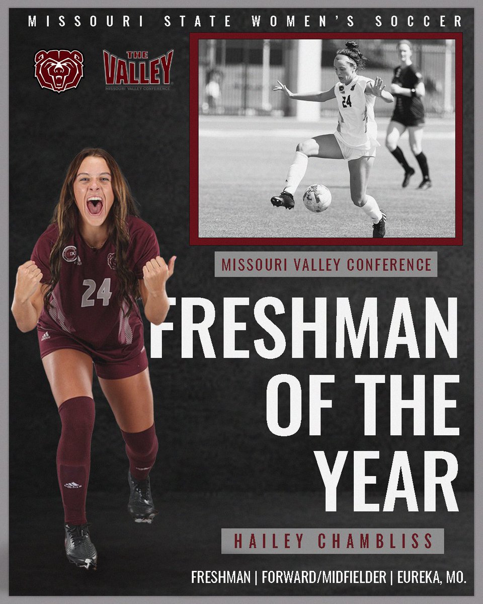 MoStateWSOC's tweet photo. Not too shabby for a debut!

Your #MVCSoccer Women's Freshman of the Year:

Hailey Chambliss! ⚽️🐻

#Team27 #C4 #MTD https://t.co/dYH3dJhAaJ