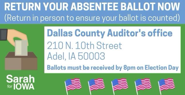 SarahforIowa's tweet photo. It’s really too late to put your ballot in the regular mail now. If you want to make sure it gets there, drop off at your county auditor’s office or bring to your Election Day polling place. https://t.co/Ut4kH7wQOm