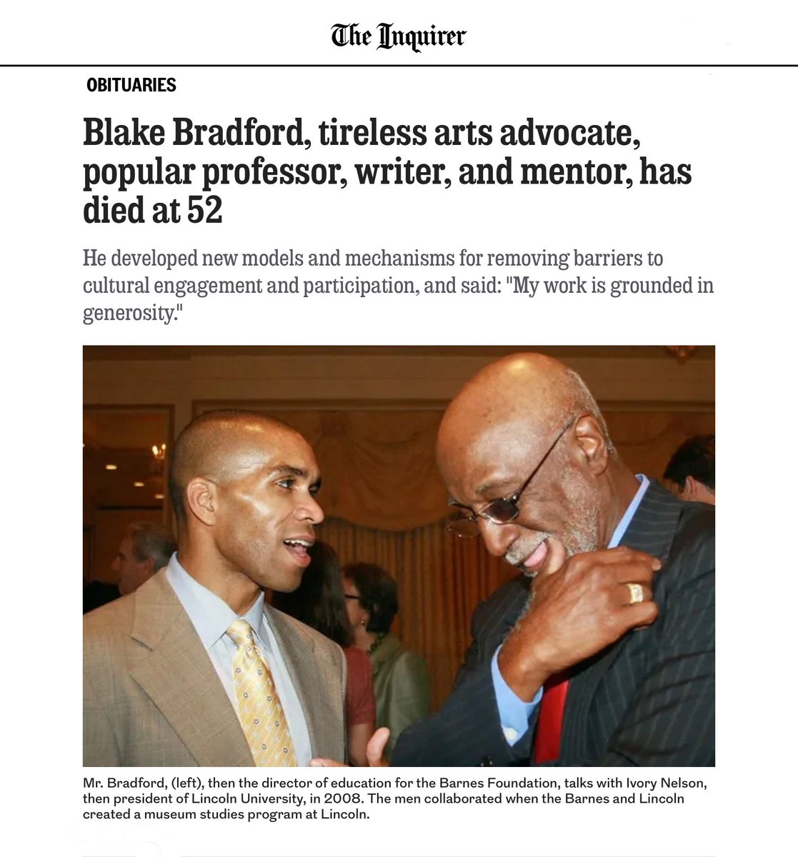 What a shock to read that Blake Bradford passed away. I have such fond memories of working with him when I was part of the Philadelphia cultural community. I wish his family peace 🕊 🥀
R.I.P