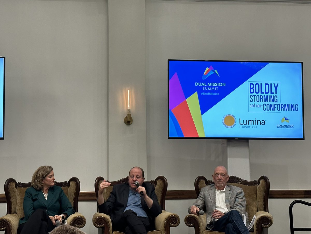 Opening plenary at Dual Mission Summit <a href="/CMCPresident/">cmcpresident</a> <a href="/jaredpolis/">Jared Polis</a> <a href="/ACEducation/">ACE</a> Ted Mitchell discuss Carnegie Classification issues and the responsibility of higher education to increase social and economic mobility for their learners. #DualMission