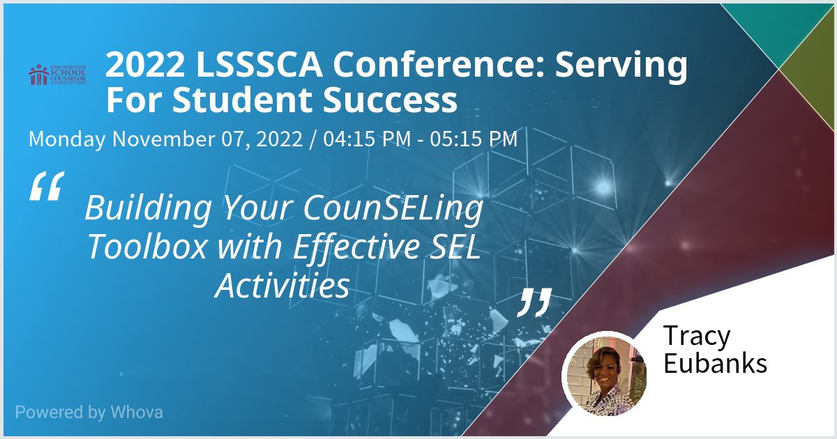 tstaff03's tweet photo. I am speaking at 2022 LSSSCA Conference: Serving For Student Success. Please check out my talk if you're attending the event! @LSSSCA2 #ServingForStudentSuccess #LSSSCA2022 #TexasSchoolCounselors - via #Whova event app https://t.co/bpGVpG9GQV