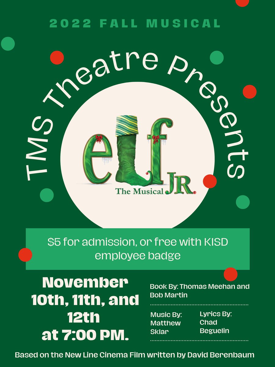 Elf Jr. opens a week from tomorrow! 

Doors open at 6:30 PM each evening and admission is $5 at the door. We accept cash or checks made out to Timberview Middle School. Hope to see you there! 💚❤️