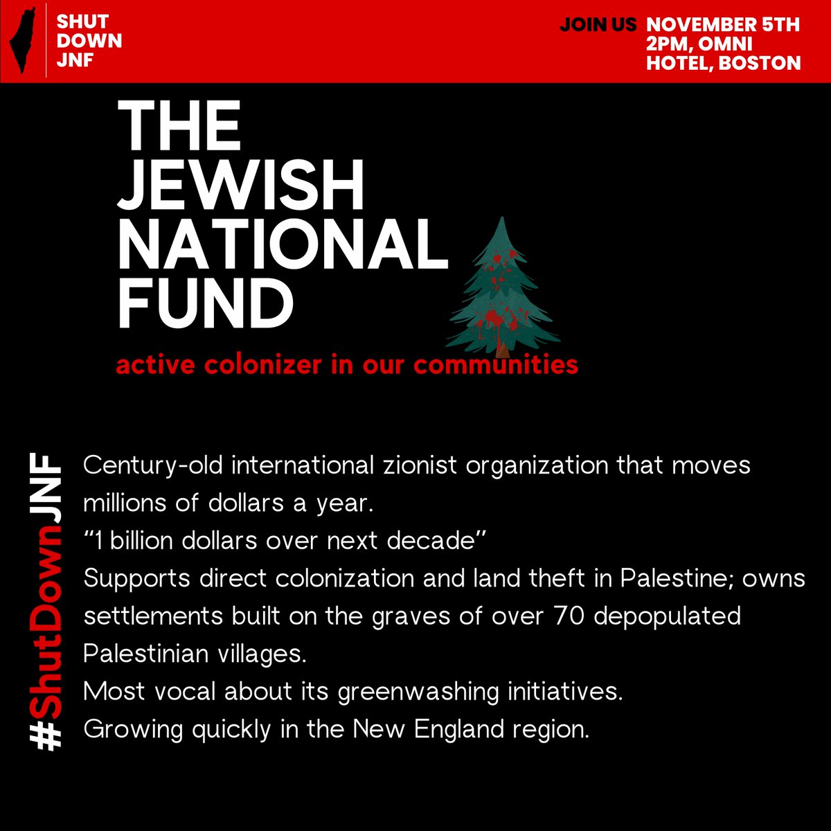 Learn about the JNF, an active colonizer in our communities who is holding a colonial conference in our city of Boston in just a few days. Join us at 2:00 p.m. on November 5th in front of the Omni Hotel to shut it down! #ShutDownJNF [1/10]