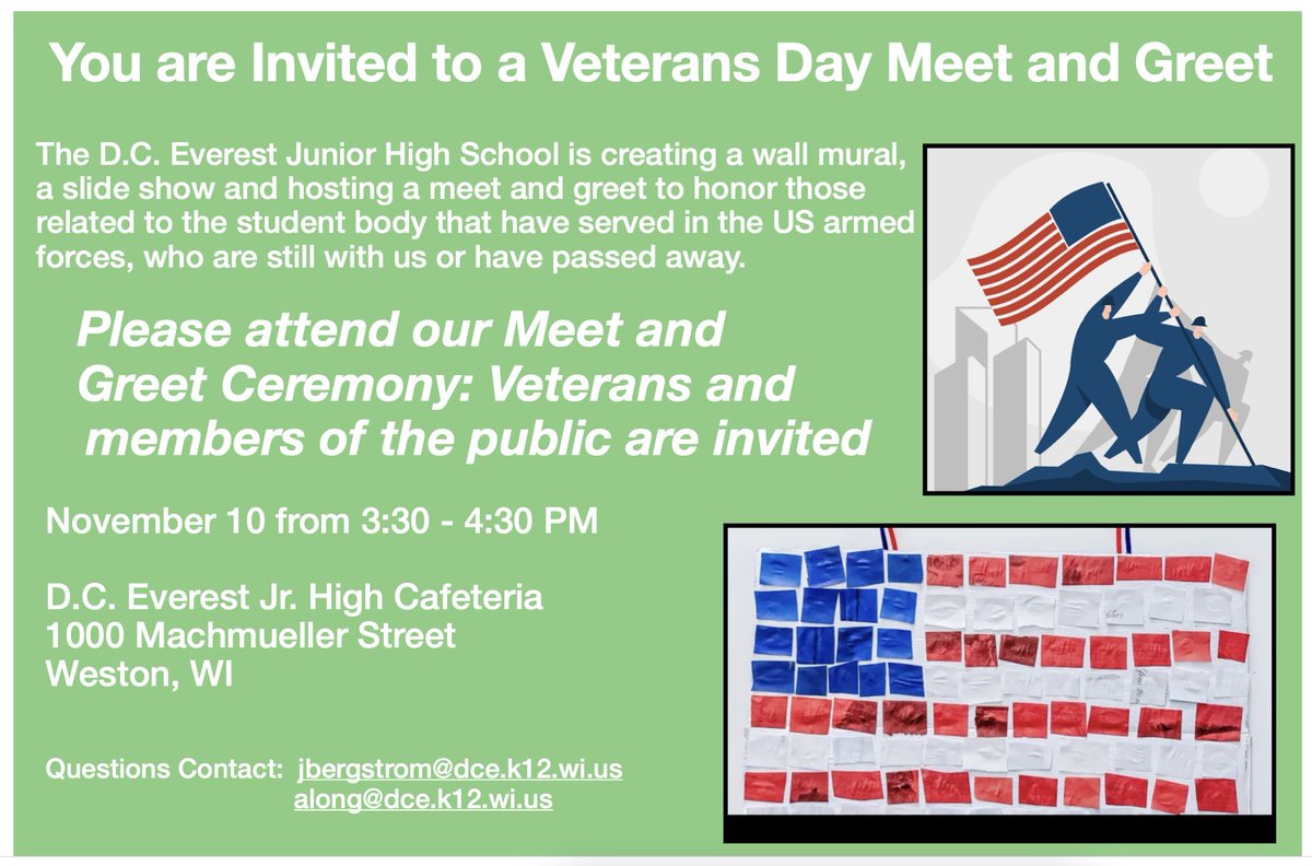 mrnerdstrom's tweet image. Central Wisconsin Veterans - we need your HELP!  Our Action Civics students are creating a wall mural to recognize Veterans in our community.  Please add your name to the list of Veterans on the wall. tinyurl.com/43tdn5cx