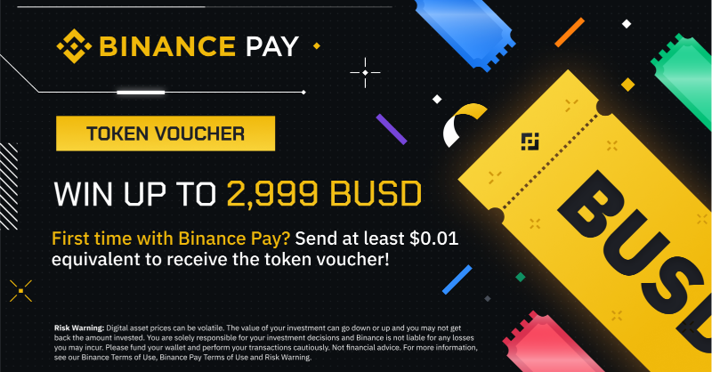 binance's tweet photo. Send crypto with #Binance Pay to receive up to 2,999 $BUSD in token vouchers! (2022-11-03)