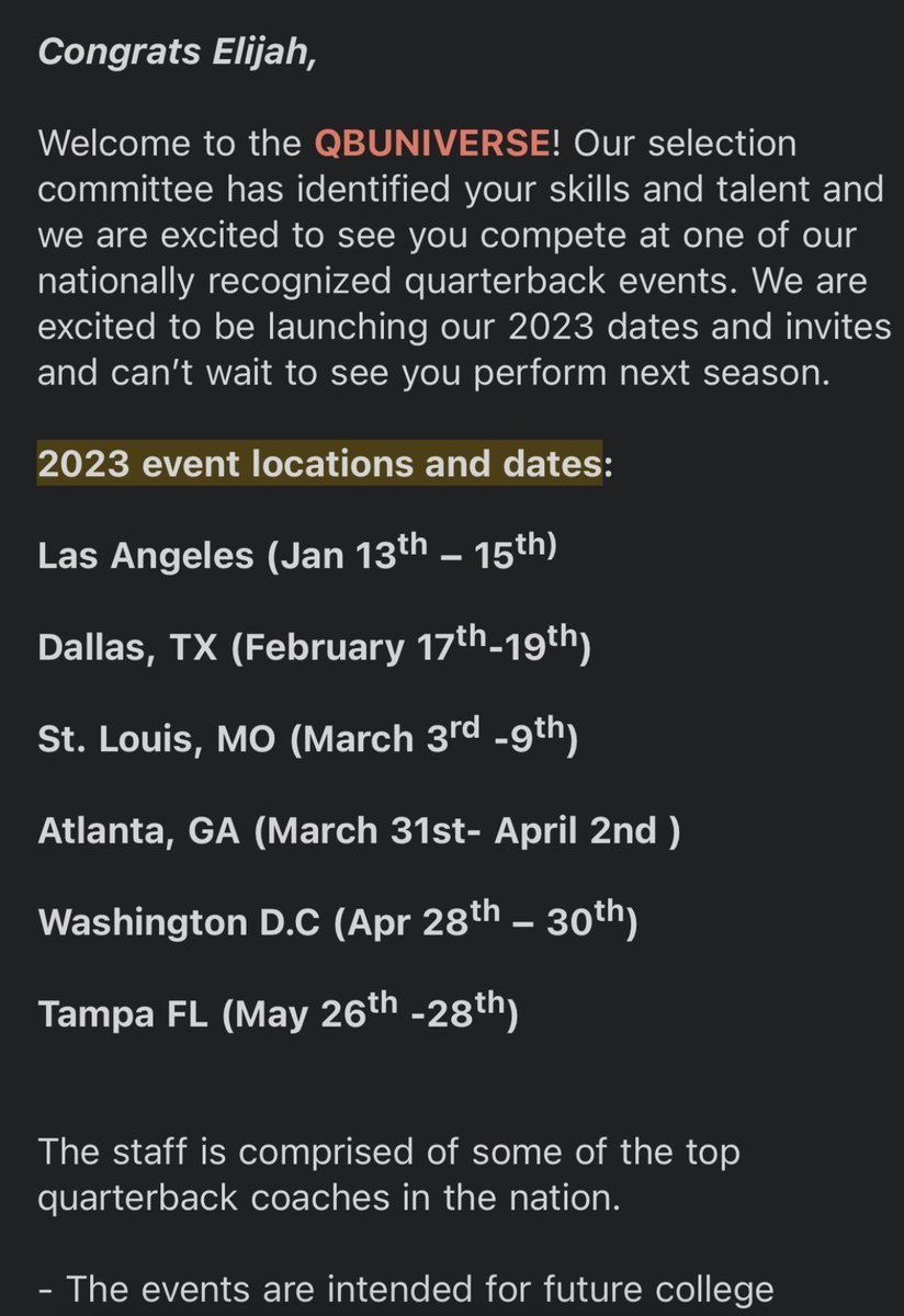 qb1elijah8's tweet photo. Extremely blessed for the invite to @QBUniverseQBU. #qb1 #pressureseason #grindneverstops https://t.co/rlSMkfAWST