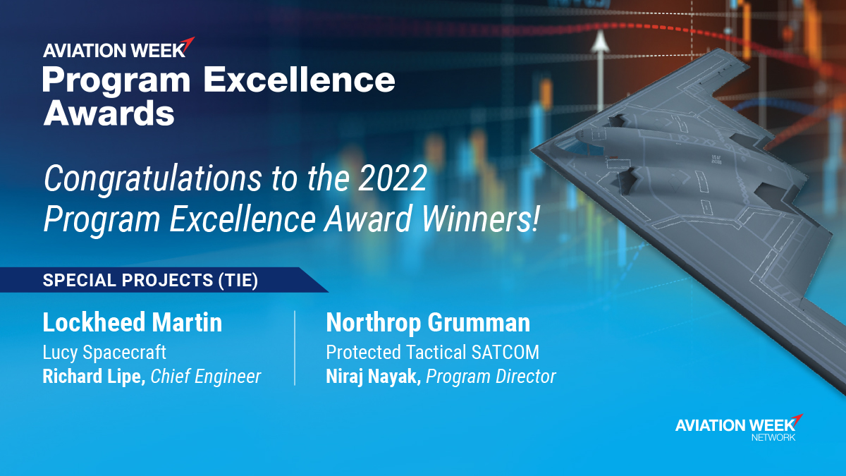AvWeekEvents's tweet image. Out of 5 incredible finalists, the Program Excellence Evaluation Team has awarded both Lockheed Martin’s Lucy Spacecraft and Northrup Grumman&apos;s Protected Tactical SATCOM as the Winners for Special Projects. 

#AvWeekPEX #ADPrograms #AviationWeek @LockheedMartin @northropgrumman