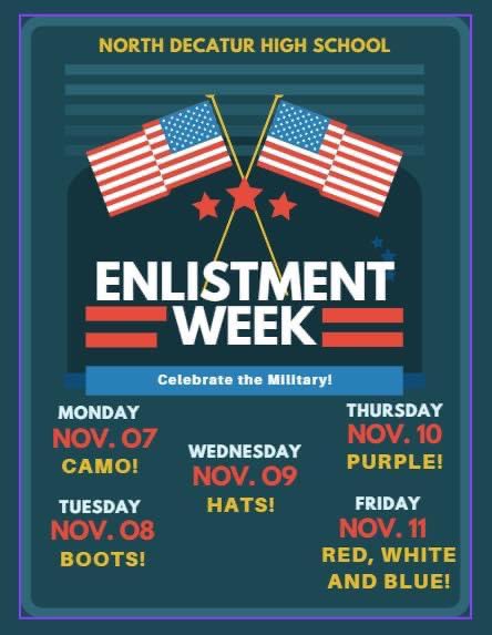 NorthDecaturHS's tweet photo. Chargers Enlistment Week! #chargerpride #chargerssalutetoservice https://t.co/I1QE3XwO6F