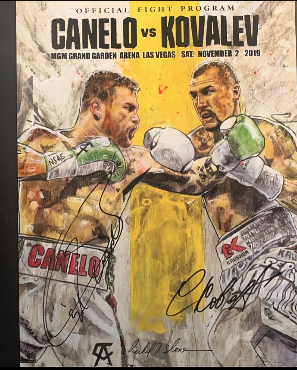 sloneart's tweet photo. 3 years ago today I was honoured to have created the official art for legend @Canelo for his KO win over #Kovalev at @MGMGrand in #LasVegas #Canelo #SloneArt. Does anyone know the meaning(s) of the yellow in the background of the painting? https://t.co/3Ud8DBWqY3