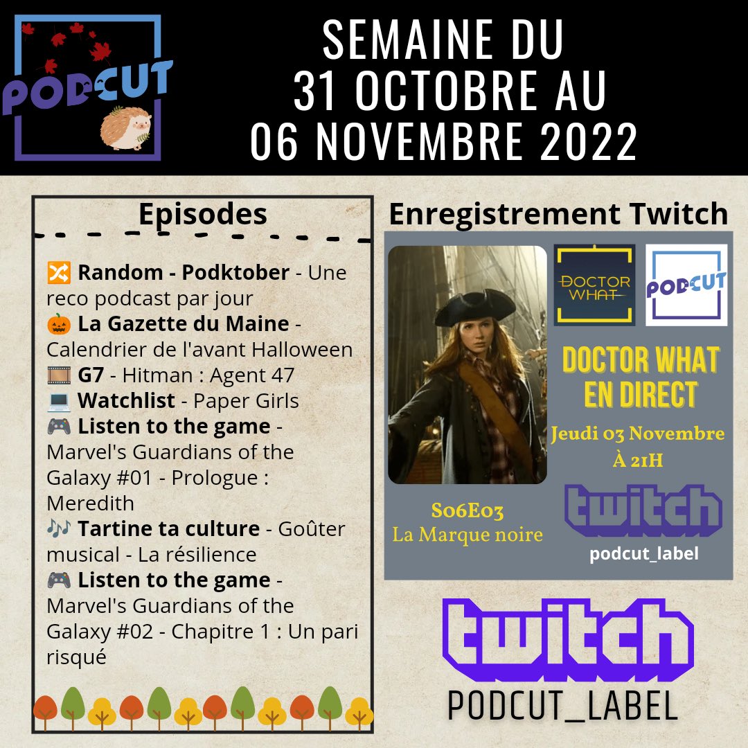 Le programme de cette semaine. 

Avec du #random, <a href="/StephenKingFr/">Stephen King France | Emilie</a> <a href="/g7podcast/">G7</a> <a href="/Watchlist_Pod/">Watchlist</a> <a href="/LTTGpodcast/">Listen to the Game</a> <a href="/Tartine_ta_Cult/">Tartine ta Culture / Manu Perreux</a> 

Et ce soir, <a href="/doctorwhat_pod/">Doctor What Podcast ♥️♥️➕🎙️</a> est en live sur notre chaîne #twitch twitch.tv/podcut_label