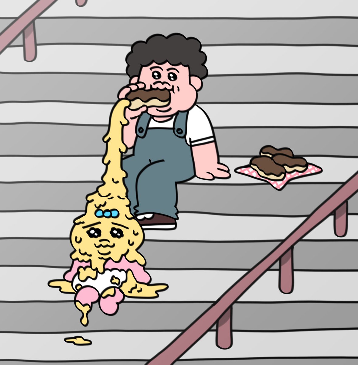 food 1boy overalls eating stairs afro sitting  illustration images