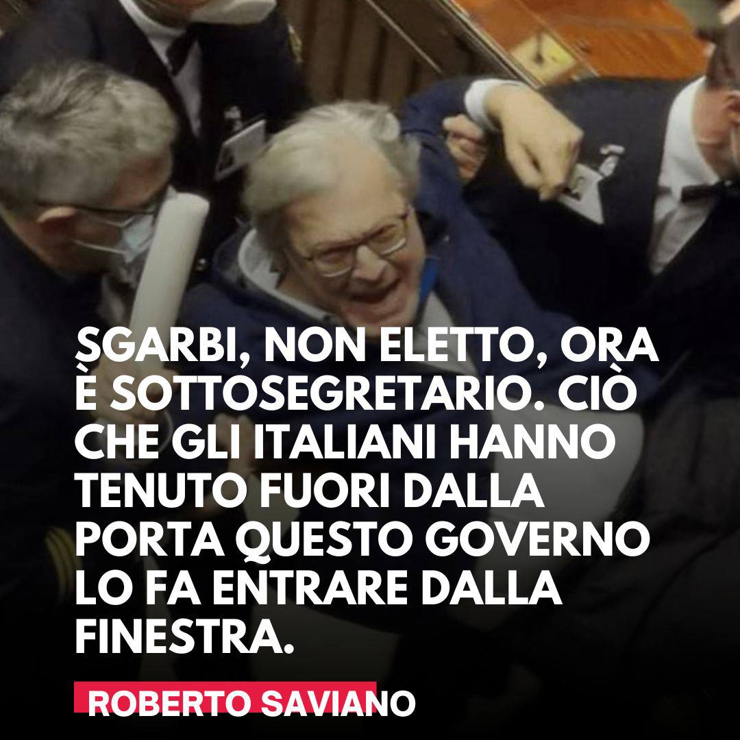 #Sgarbi, candidato non eletto, ora è sottosegretario alla Cultura (non bastava #Sangiuliano?). Ciò che gli italiani hanno tenuto fuori dalla porta, il Governo #Meloni lo fa entrare dalla finestra.