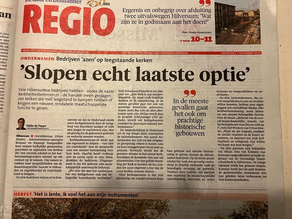 Veelvuldige aandacht voor de lancering van ons initiatief kerkherbestemmen.nl. “Behoud van de sociaal-maatschappelijke functie van het kerkgebouw staat bij ons echt op 1, als die wegvalt erodeert de sociale vitaliteit in de buurt, dat willen wij koste wat kost borgen."