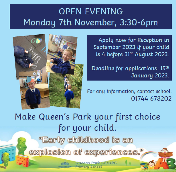 MrWeatherbyQP's tweet photo. Applying for a place at school starting 2023?

Come to our EYFS Open Evening on Monday (7/11/22) from 3:30-6pm.

This is the perfect chance for you to look round our fantastic setting, and to a great chance to speak to the staff and ask any questions you may have.
@QueensCoEURC https://t.co/kE6ayrNGz9