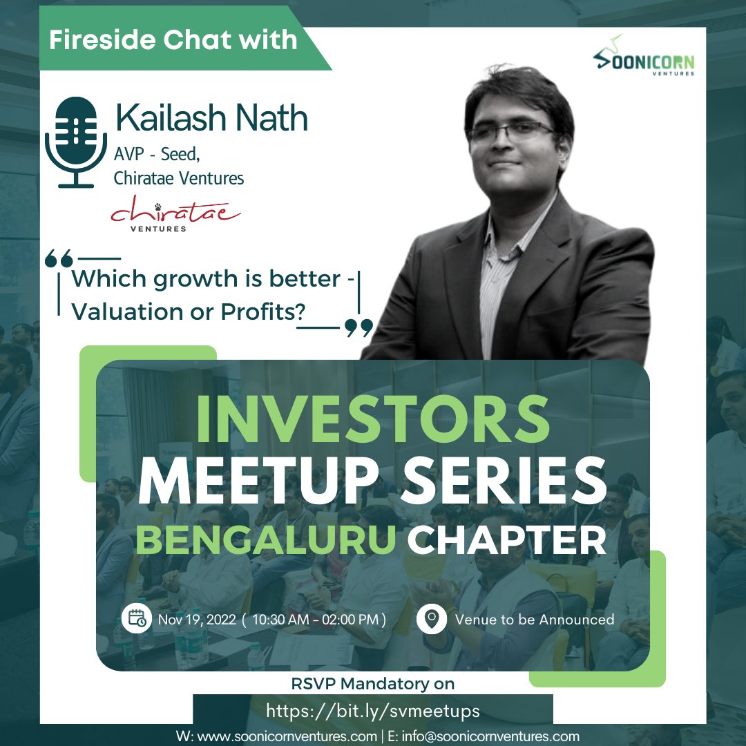 SoonicornV's tweet photo. We are delighted to announce a Fireside Chat with Mr. Kailash Nath, CFA, AVP - Seed at @ChirataeVC, in our Investors Meetup Series Bengaluru Chapter.
Registrations are open. Kindly RSVP https://t.co/XpUj89d3Ku
#bengaluru #bengalore #Events #Investorsmeetup #BengaluruMeetupc https://t.co/DNchA4VEOU