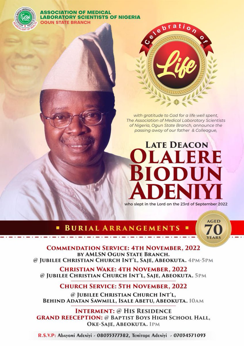 AmlsnOgun's tweet photo. we would be paying our last respect to our late Elder in the profession, someone who served the profession to his last breath- Elder O.B Adeniyi (Biolab). Time: 4pm - 5pm. Venue: Jubilee Christian Center Saje Abeokuta. @amlsnfmca @AmlsnOgun @AMLSNLagos @AmlsnKwara @AMLSNNational https://t.co/CRDemNKJFf