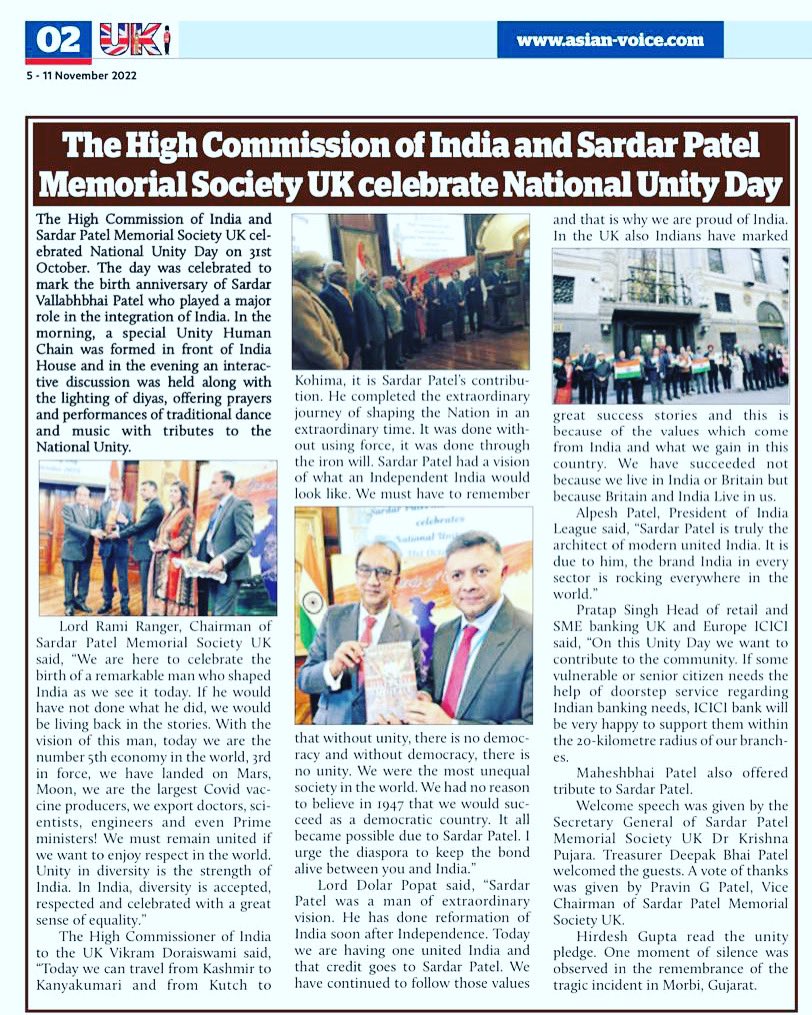 SPMSUK's tweet photo. National Unity Day (Rastriya Ekta Divas) celebration in association with @HCI_London  and @SPMSUK 
#RastriyaEktaDivas

@AsianVoiceNews @sujitjoyghosh @VDoraiswami @RamiRanger @silverspark @krishnajis @IndianDiplomacy @MEAIndia https://t.co/zKz0vV20un