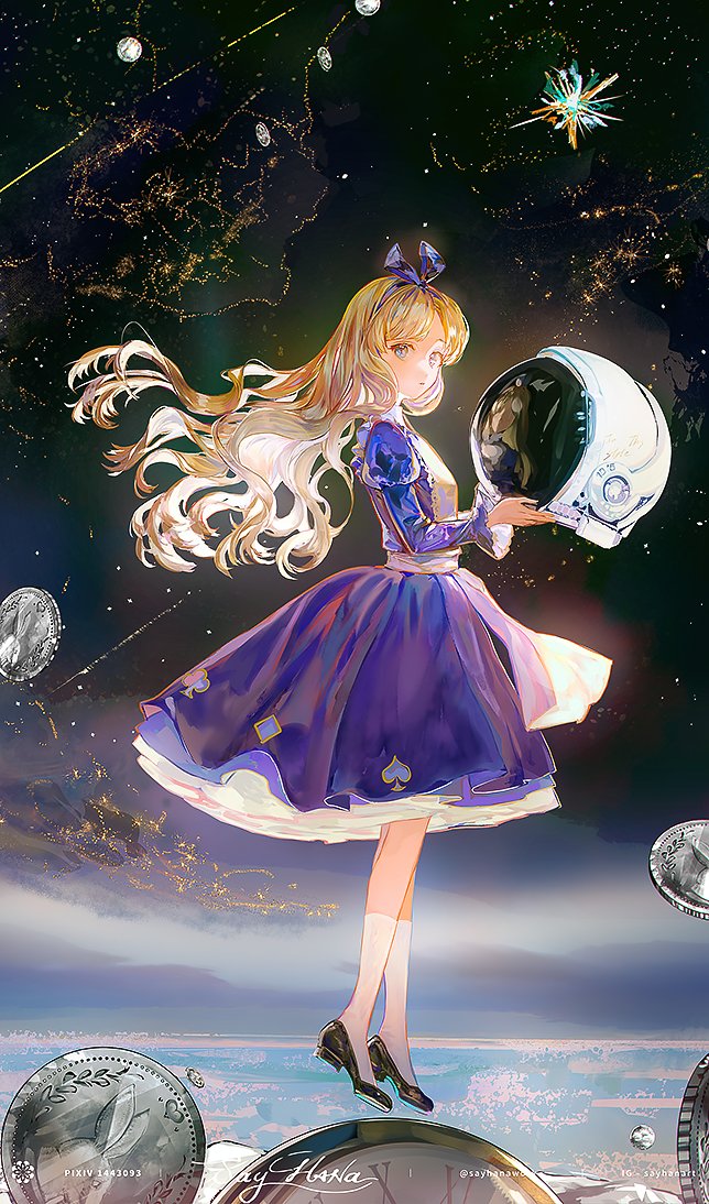 1girl dress blonde hair long hair solo planet socks  illustration images