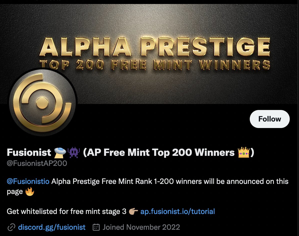 Make sure to follow 👉🏽 <a href="/FusionistAP200/">Fusionist 🛸👾 (AP Free Mint Top 200 Winners 👑)</a>

We will start announcing rank 1-200 winners on the account starting Nov 3rd 9 AM PT 🔥

Free Mint registration for lucky 300 is still ongoing! 

👉🏽 ap.fusionist.io 🚀