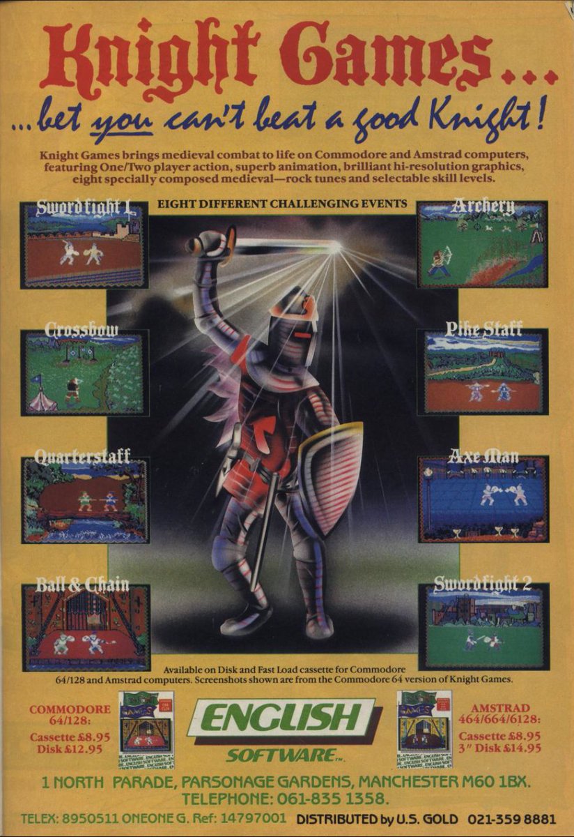 TakodanTweets's tweet image. 1986 ad for the game Knight Games by #EnglishSoftware on #Commodore #C64 and #Amstrad