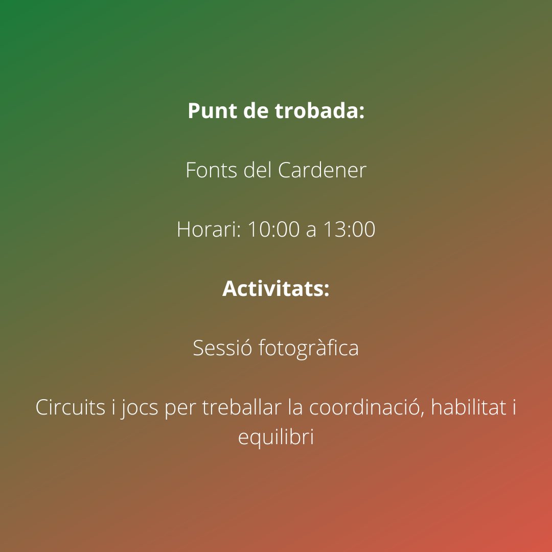 celacoma's tweet photo. 05/11/2022
10:00 a 13:00
Punt de trobada: Fonts del Cardener
Activitats:
Sessió fotogràfica
Circuits i jocs per treballar la coordinació, habilitat i equilibri
Activitat gratuïta
Cal apuntar-se previament via whatsapp abans del dijous 03/11 a les 23h.
#celacoma #pretemporada #ski https://t.co/v5GRr8gZ4D