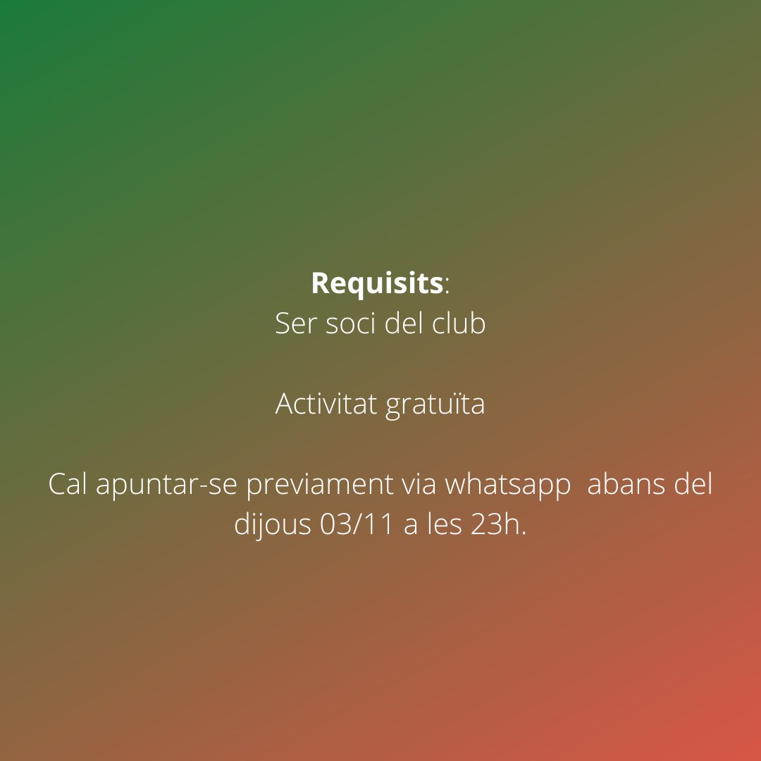 celacoma's tweet photo. 05/11/2022
10:00 a 13:00
Punt de trobada: Fonts del Cardener
Activitats:
Sessió fotogràfica
Circuits i jocs per treballar la coordinació, habilitat i equilibri
Activitat gratuïta
Cal apuntar-se previament via whatsapp abans del dijous 03/11 a les 23h.
#celacoma #pretemporada #ski https://t.co/v5GRr8gZ4D
