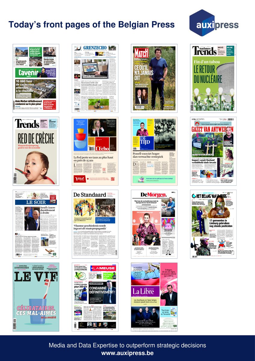 Discover today's front pages of the #BelgianPress 🔍📈
#Maredsous #Minerval #Cyclocross #Bruel #Wilmès #Nucleaire #Qatar #Bono #Tupperware #Meloni #Crèche #GoodMove #Israël #MetteFrederiksen #Erdogan #LouiseAttaque #Engie #FED #Mestactieplan #AlainMathot #Seoul