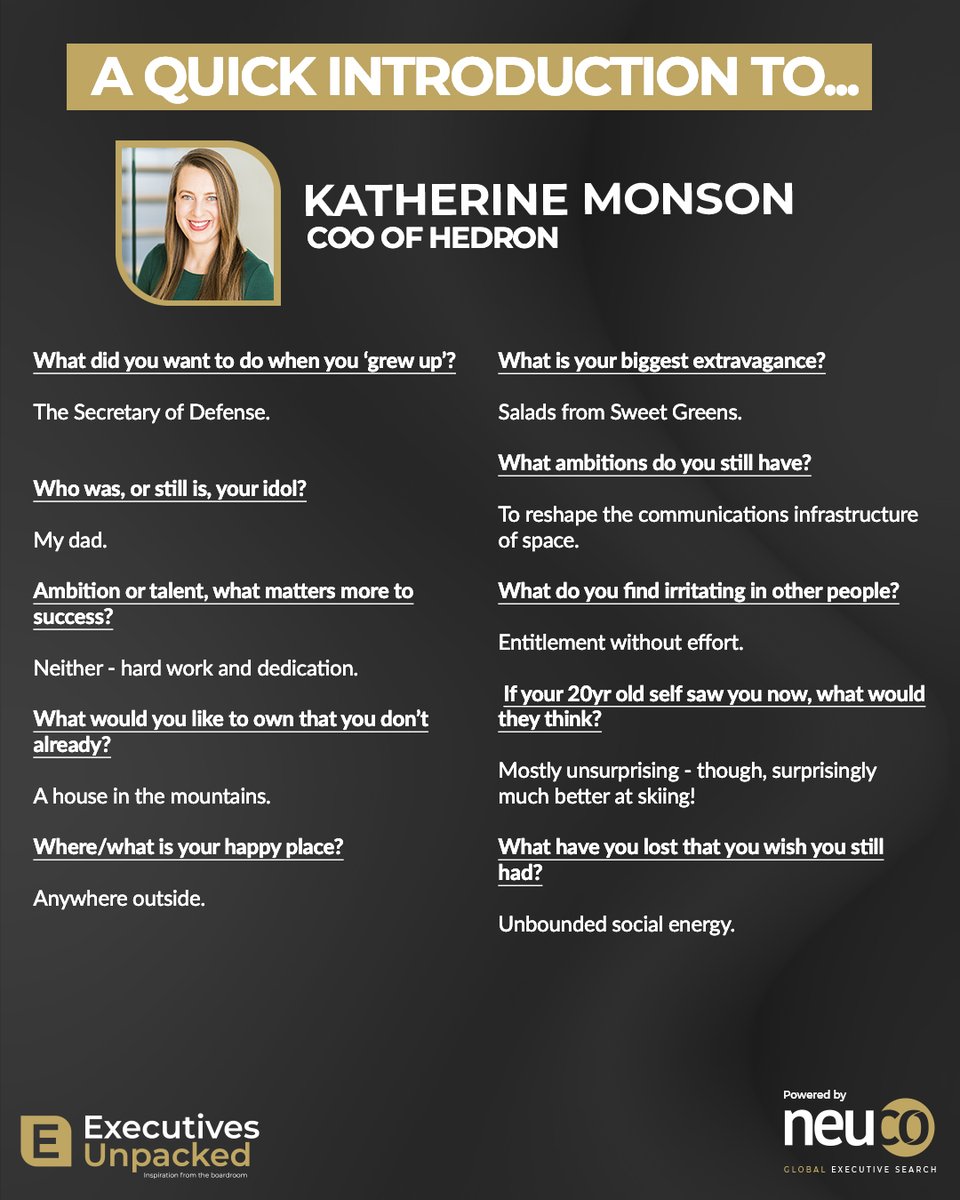 Laurieneuco's tweet photo. In preparation for tomorrow's @neucogroup "Executive Unpacked podcast, here is an introduction to @KatherineMonson, COO at Hedron:
Did you know Katherine is an avid hiker and enjoys learning new languages, including Mandarin, Norwegian & Spanish? 📚
#neuco #executivesunpacked https://t.co/66YM2UFE77