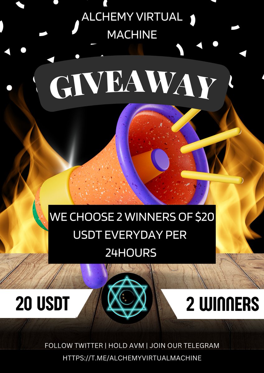 2 winners of $20 USDT each every day for 30 consecutive days for doing a simple task. Just hold a 10K AVM &amp; follow the task:

✅️Must Hold 10K AVM, send add screenshot of wallets
✅️Follow TW + RT Pinned and tag 3 friends
✅️Join TG and leave &amp; message t.me/AlchemyVirtual…